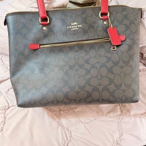 Coach Signature Tote in Brown with Red Accents